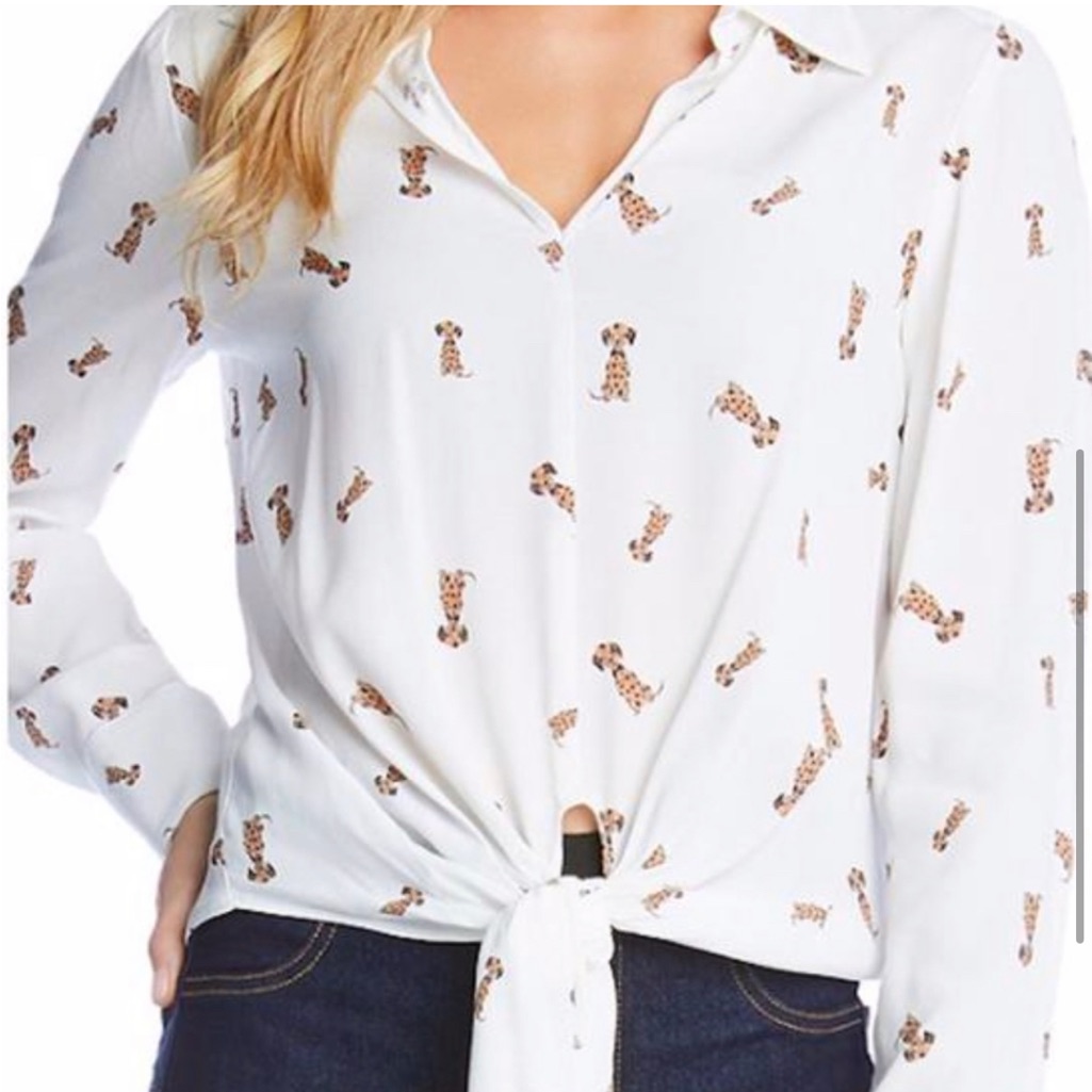 Karen Kane Long Sleeve Tie Front Dog Printed Blouse